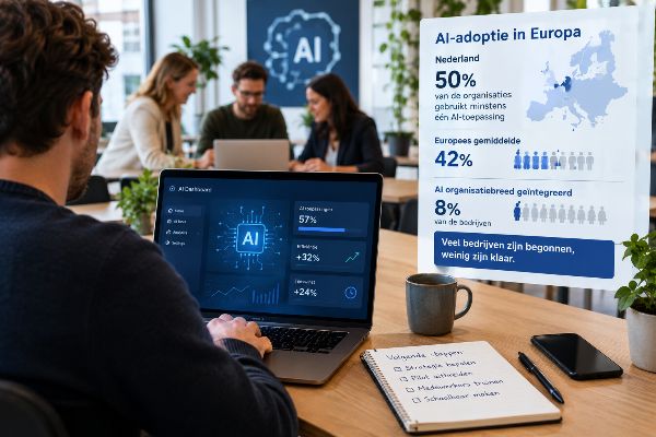 <h1>Nederland is Europees koploper in AI-adoptie,&nbsp;maar de meeste bedrijven zijn nog niet klaar</h1>

<p>Nederland loopt voorop in Europa als het om AI-adoptie gaat, maar de cijfers achter dat succesverhaal vertellen een minder gladde geschiedenis. Onderzoek van adviesbureau Strand Partners, uitgevoerd in opdracht van <strong>AWS</strong>, laat zien dat ongeveer de helft van de Nederlandse organisaties inmiddels minstens &eacute;&eacute;n AI-toepassing gebruikt. Het Europese gemiddelde ligt daar met 42 procent onder. Toch blijkt uit ander onderzoek, van IT-dienstverlener InSpark, dat slechts 8 procent van de bedrijven AI organisatiebreed heeft ge&iuml;ntegreerd en strategisch heeft vastgelegd. Tussen die twee cijfers zit het echte verhaal van AI-adoptie in Nederland: veel bedrijven zijn begonnen, weinig zijn klaar.</p>

