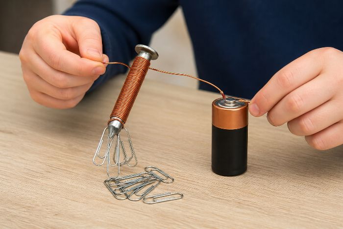 <h1>Maak je eigen elektromagneet</h1>

<p>Magneten kom je overal tegen, van een koelkastdeur tot apparaten die op elektriciteit werken. Wat minder zichtbaar is, is dat magnetisme en elektriciteit nauw met elkaar verbonden zijn. Met een eenvoudig proefje wordt dat verband tastbaar. Een elektromagneet maken kan thuis of in de klas, met materialen die vaak al voorhanden zijn. Het laat zien hoe een elektrische stroom een magnetisch veld kan opwekken, en hoe dat veld weer verdwijnt zodra de stroom stopt. Dat maakt het niet alleen leerzaam, maar ook leuk om samen te ontdekken.</p>

