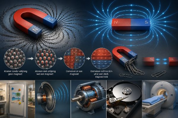 <h1>Hoe werkt een magneet?</h1>

<p>Magneten zijn overal, van de koelkastdeur tot de MRI-scanner in het ziekenhuis. Toch staan de meeste mensen er nauwelijks bij stil hoe zo'n klein stukje materiaal zonder zichtbare beweging andere objecten kan aantrekken of afstoten. De verklaring zit diep in de atoomstructuur van het materiaal en is tegelijk de basis van een groot deel van de technologie die dagelijks gebruikt wordt.</p>

