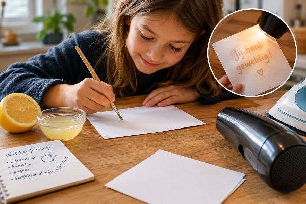 <h1>Maak onzichtbare inkt</h1>

<p>Een briefje schrijven dat niemand kan lezen, totdat je het opwarmt en de letters ineens tevoorschijn komen. Onzichtbare inkt voelt een beetje magisch, maar er zit gewoon scheikunde achter. Met spullen die vrijwel iedereen in de keuken heeft, zoals citroensap, kun je in een paar minuten je eigen geheimschrift maken. Leuk voor een middag samen met de kinderen, en net zo goed te gebruiken tijdens een les op school over stoffen en reacties.</p>

