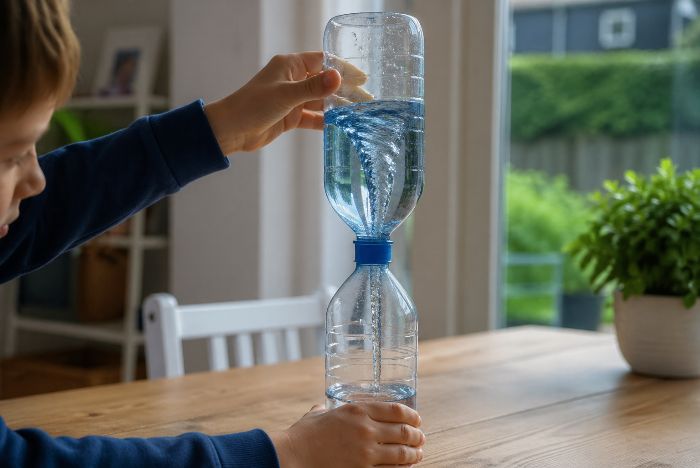 <h1>Maak een tornado in een fles</h1>

<p>Een tornado lijkt iets dat alleen buiten ontstaat, hoog in de lucht en met enorme kracht. Toch kun je het principe van zo&rsquo;n draaiende luchtkolom verrassend eenvoudig zichtbaar maken met water en twee flessen. Dat maakt dit proefje leuk voor thuis, maar ook geschikt voor een natuurkundeles op school. Kinderen zien met eigen ogen hoe beweging, lucht en water elkaar be&iuml;nvloeden. Tegelijk roept het vragen op. Waarom stroomt water soms schokkerig naar beneden en ineens soepel in een draaiende spiraal. Juist dat maakt een tornado in een fles niet alleen een aardige activiteit, maar ook een klein wetenschappelijk onderzoek.</p>

