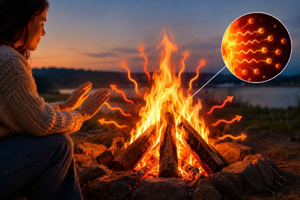 <h1>Waarom is vuur warm?</h1>

<p>Je zit bij een kampvuur. De vlammen dansen, de warmte dringt door je kleren heen en je handen voelen meteen het verschil als je ze dichterbij houdt. Iedereen weet dat vuur warm is. Maar waarom eigenlijk? Waarom vuur warm is, komt neer op een snelle chemische reactie die meer energie loslaat dan ze opslokt. Die energie voel jij als hitte.</p>

<p>Vuur is geen stof die je kunt vastpakken. Het is een proces. Brandstof (hout, gas, kaarsvet) reageert met zuurstof uit de lucht. Daarvoor is eerst een beetje warmte nodig, bijvoorbeeld van een lucifer of een vonk. Zodra die reactie loopt, houdt hij zichzelf in stand zolang er genoeg brandstof en zuurstof is. Dat noemen we de vuurdriehoek. Haal er &eacute;&eacute;n poot onderuit en het vuur dooft.</p>

